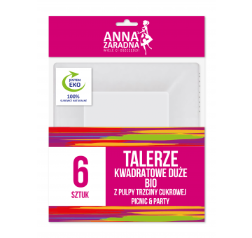 Talerze kwadratowe DUŻE BIO z pulpy trzciny cukrowej 6szt