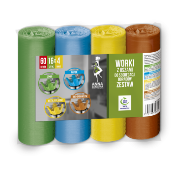 Worki z uszami do segregacji odpadów ZESTAW 60L 4x16szt